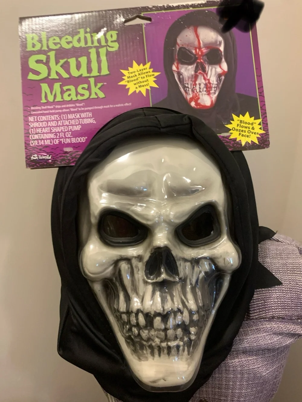 Bleeding Skull Face Mask with Black Hood - White Skull